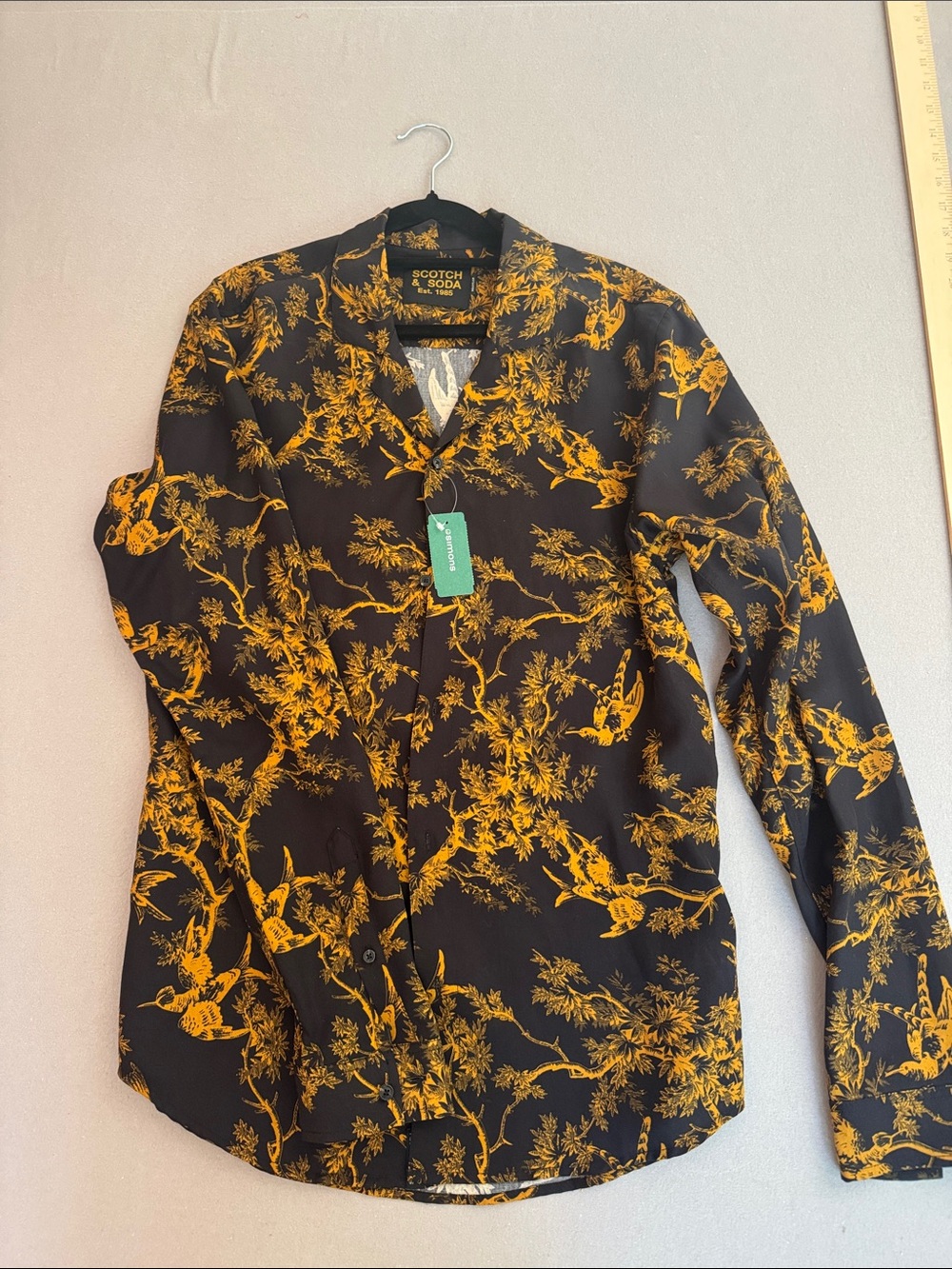 Scotch & Soda Black Shirt with Yellow Botanical & Bird Motif, Size M